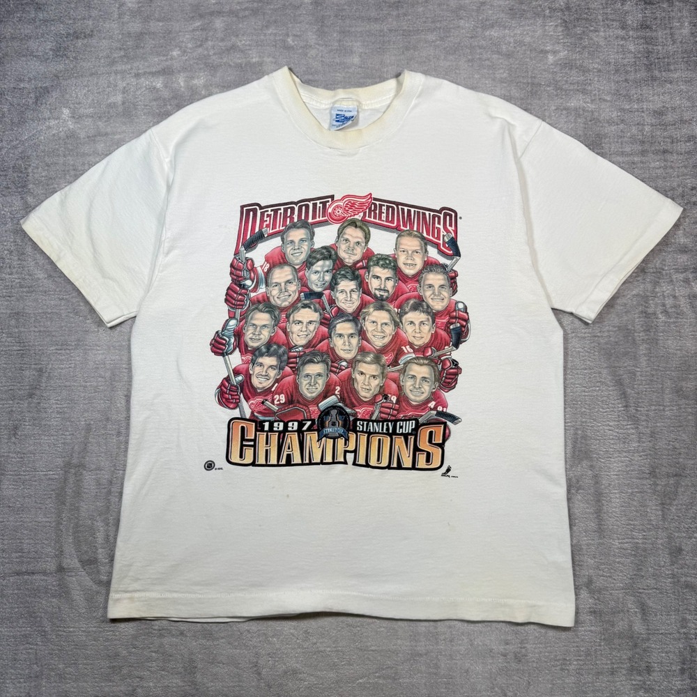 Detroit Red Wings Shirt Mens XL White Vtg 1997 Stanley Cup Champions Caricature